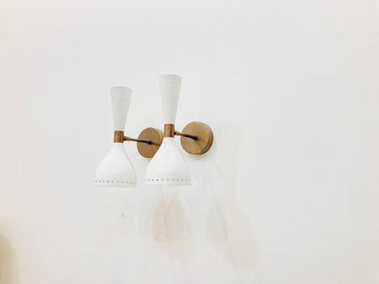 Pair Of Sconce Mid Century Twin Bulb Wall Sconce Adjustable Raw Brass Wall Lamp Style Solid Brass White Shades