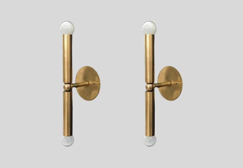 Pair of Cylindrical Mid Century Wall Light Sconce ~ Raw Brass Finish Italian- Fixtures - Bedroom Lights - Vanity Lamps Light Fixture