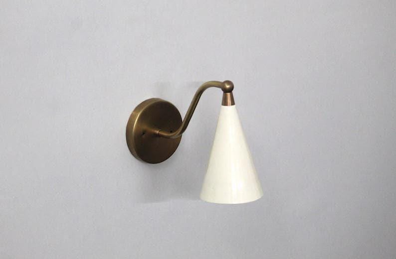Brass Wall Light Sconce Mid Century - Raw Brass Finish with Matte White Cone Shade Fixtures - Bedroom Lights - Vanity Lamps