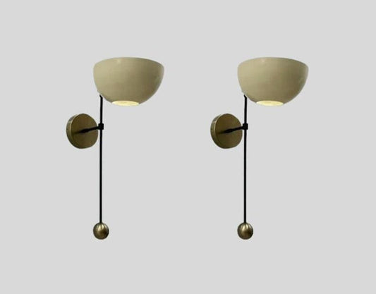 A Pair of Mid Century Brass Wall Light Sconce - Raw Brass & Black Matte Finish with Matte White Shade - Bedroom Lights - Vanity Lamps