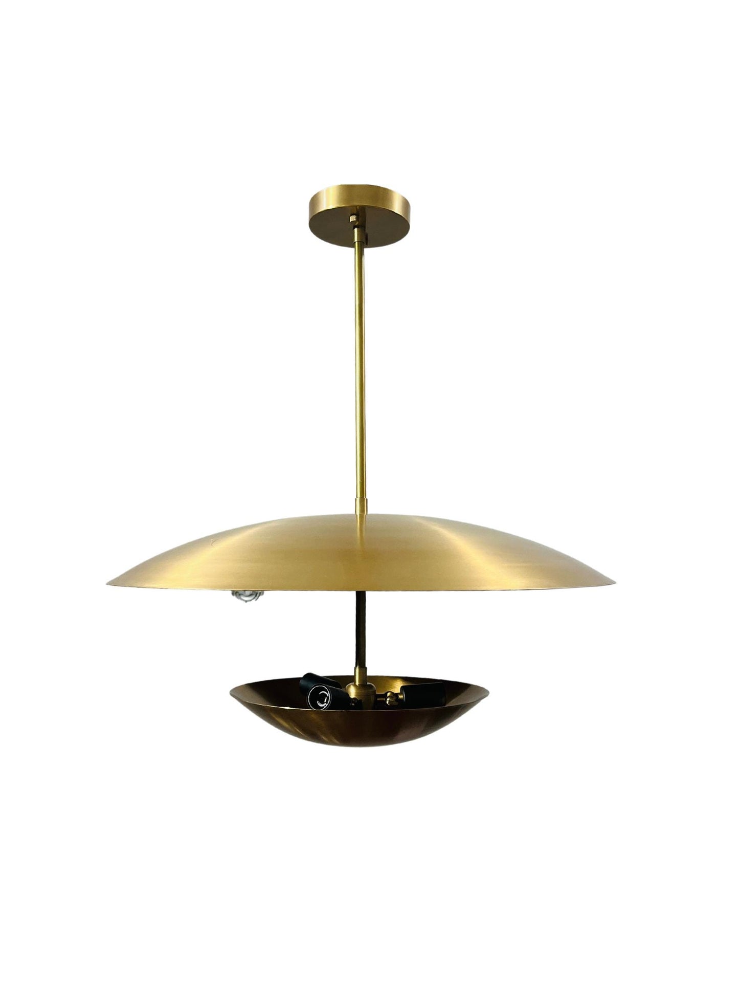 3 Light Modern Italian Brass Pendent ~ Flush Mount Chandelier Double Disk Shade ~ Inspired Lighting Fixture in Raw Brass Finish