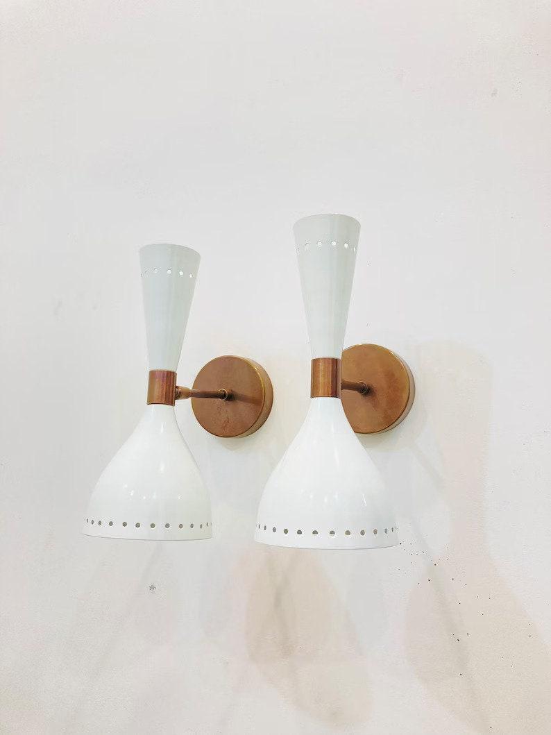 Pair Of  Sconce Mid Century Twin Bulb Wall Sconce Adjustable Raw Brass Wall Lamp Style Solid Brass White Shades