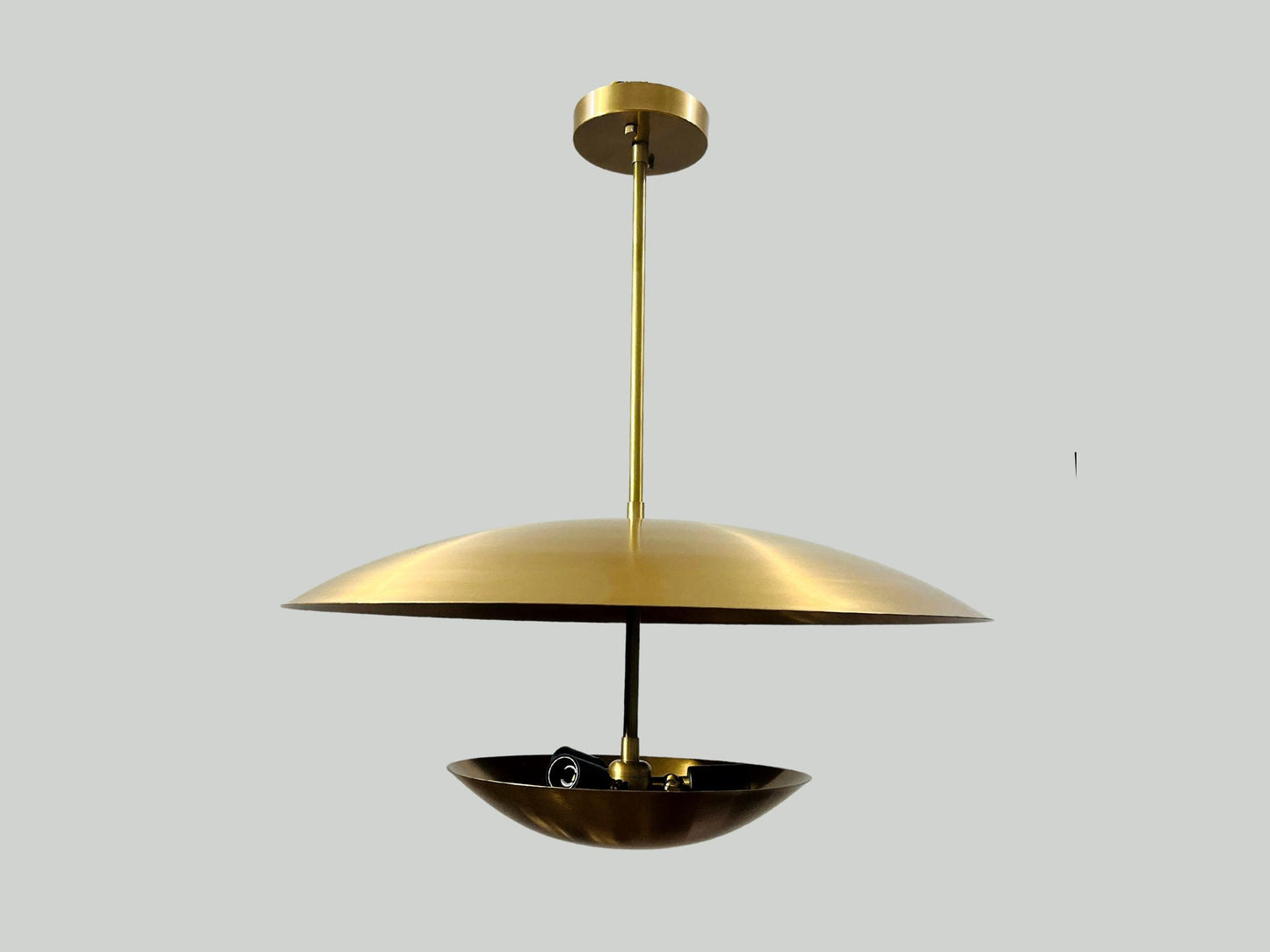 3 Light Modern Italian Brass Pendent ~ Flush Mount Chandelier Double Disk Shade ~ Inspired Lighting Fixture in Raw Brass Finish