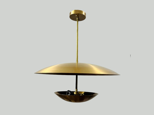 3 Light Modern Italian Brass Pendent ~ Flush Mount Chandelier Double Disk Shade ~ Inspired Lighting Fixture in Raw Brass Finish