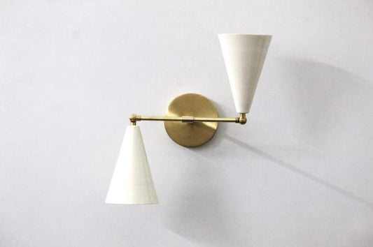 Double Cone Shape Wall Light Sconce Mid Century Shinny White Shade with Raw Brass Finish - Italian Fixtures - Bedroom Lights - Vanity Lamps
