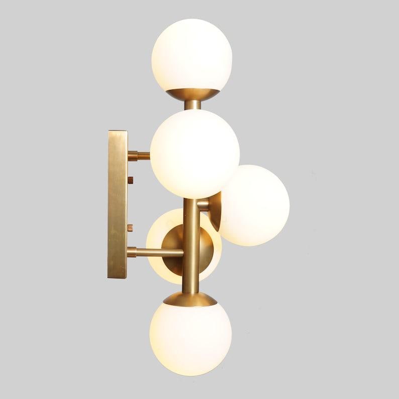 Mid century Sputnik Wall Sconce  Five Glass Globe Light Raw Brass - Bedside Wall Lamp Light Fixture