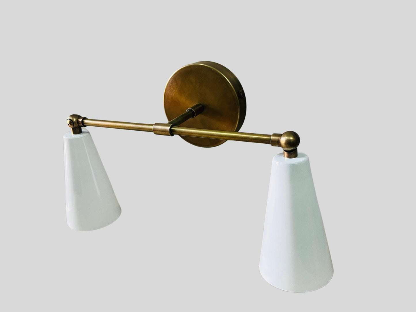 Mid Century Double Cone Shape Shinny White Shade with Raw Brass Finish ~ Italian Wall Light Sconce Fixtures ~ Bedroom Lights ~ Vanity Lamps