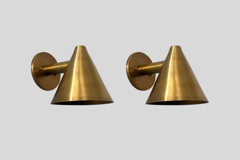 Pair of Mid Century Cone Shape Raw Brass Finish - Italian Wall Light Sconce Fixtures - Bedroom Lights - Vanity Lamps