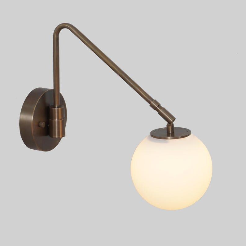 Wall Sconce Mid century Single Glass Globe Shade Light Brass Sputnik Wall Sconce - Articulating Bedside Light Fixture