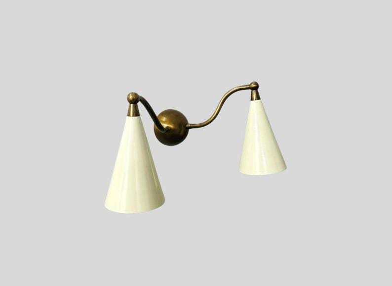 2 Light Mid Century Cone Shape - Antique Raw Brass Finish - Italian Wall Light Sconce Fixtures - Shinny White Shade - Bedroom Lights