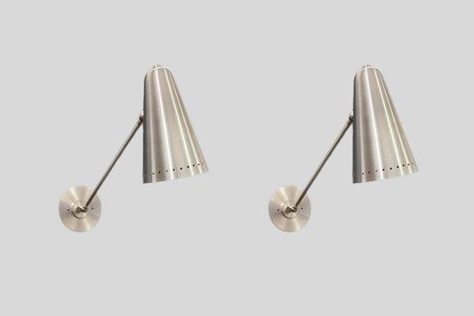 Pair of Mid Century Cone Shade Brushed Chrome Finish Italian Wall Light Sconce - Fixtures - Bedroom Lights - Vanity Lamps