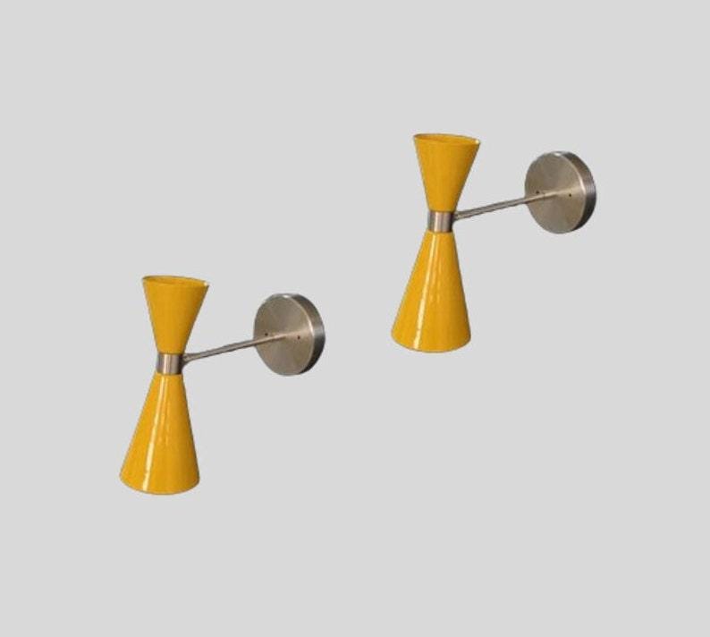 Pair of Mid Century Yellow Cone Shade with Brushed Chrome Finish - Italian Wall Light Sconce Fixtures - Bedroom Lights - Vanity Lamps