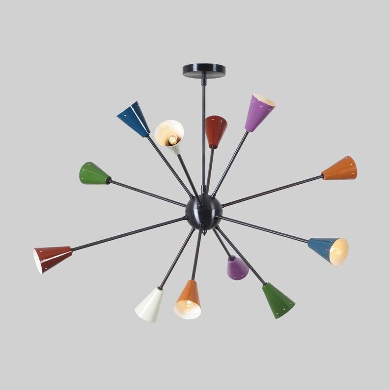 Multicolor Shade Twelve Arms Sputnik Starburst Ceiling Chandelier Light Fixture Black Brass Finish Bedroom Lights Fixture