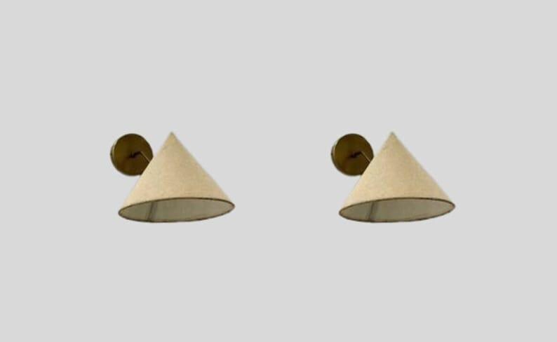 Pair of Wall Sconce Mid Century - Fabric Cone Shades - Brass Wall Lamp - Sputnik Inspired Design in Raw Brass Finish - Wall Light Fixture