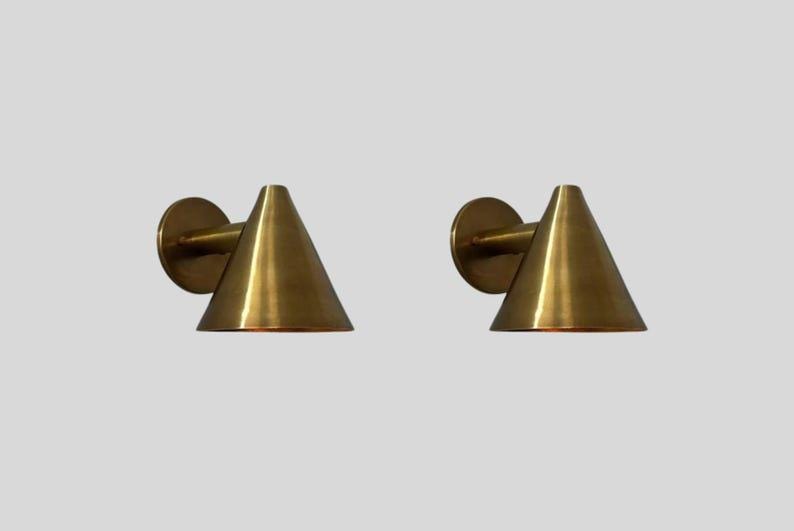 Pair of Mid Century Cone Shape Raw Brass Finish - Italian Wall Light Sconce Fixtures - Bedroom Lights - Vanity Lamps
