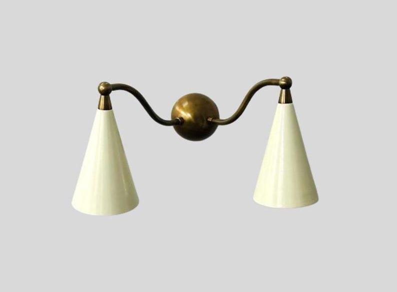 2 Light Mid Century Cone Shape - Antique Raw Brass Finish - Italian Wall Light Sconce Fixtures - Shinny White Shade - Bedroom Lights