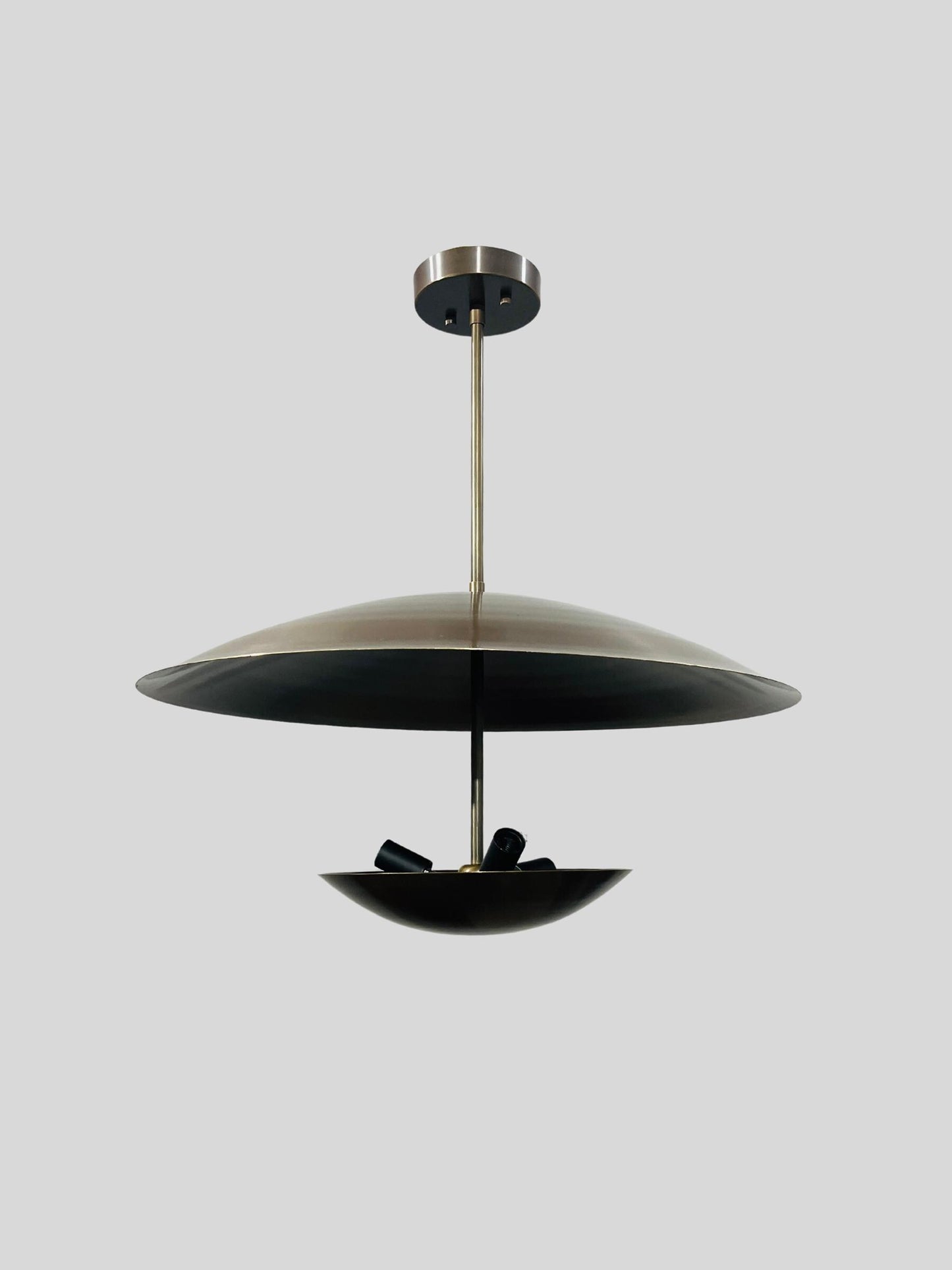 3 Light Modern Flush Mount Chandelier ~ Italian Brass Pendent Double Disk Shade ~ Inspired Lighting Fixture