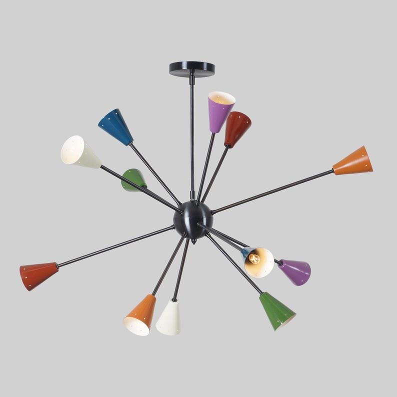 Multicolor Shade Twelve Arms Sputnik Starburst Ceiling Chandelier Light Fixture Black Brass Finish Bedroom Lights Fixture