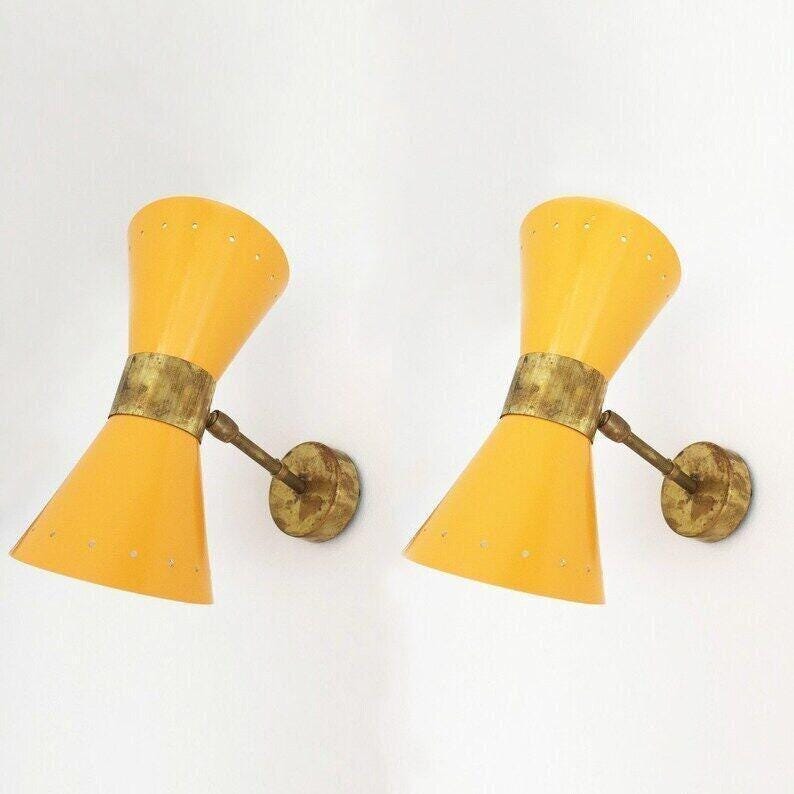 A Pair Of Wall Light Lamp Italian Stilnovo Diablo Yellow in Raw Brass Finish , Wall Lighting Vanity Lamp Bathroom Lamp Light Fixture