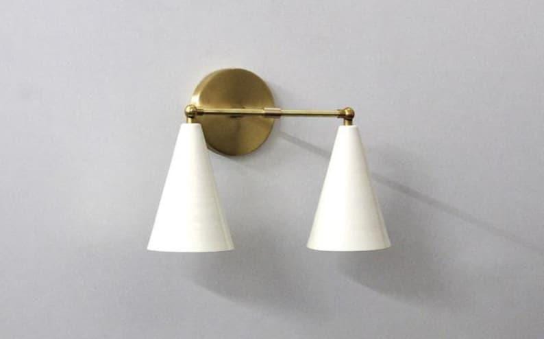 Double Cone Shape Wall Light Sconce Mid Century Shinny White Shade with Raw Brass Finish - Italian Fixtures - Bedroom Lights - Vanity Lamps