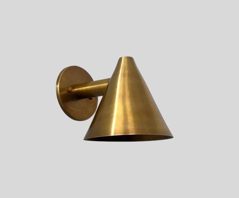 Pair of Mid Century Cone Shape Raw Brass Finish - Italian Wall Light Sconce Fixtures - Bedroom Lights - Vanity Lamps