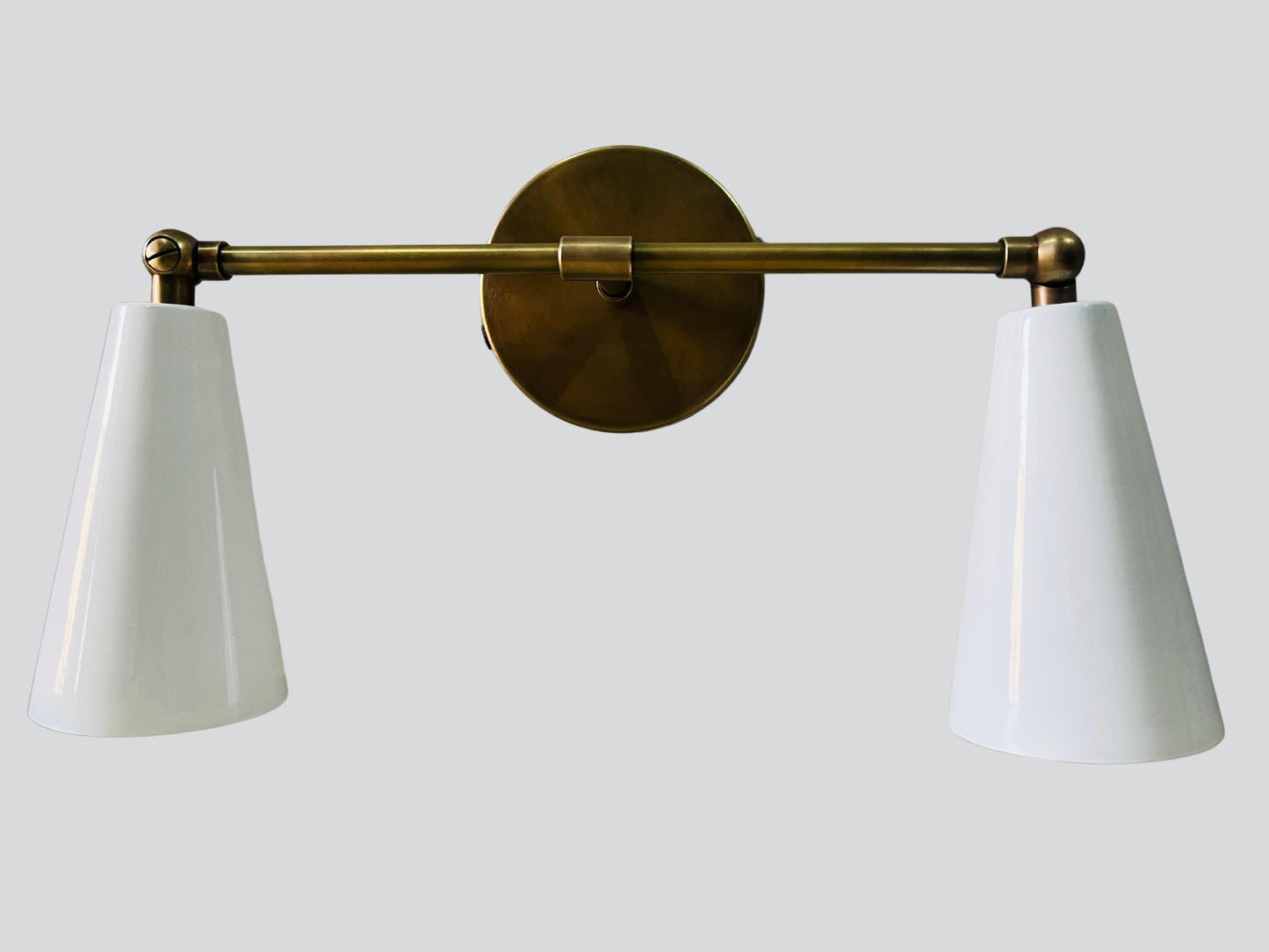 Mid Century Double Cone Shape Shinny White Shade with Raw Brass Finish ~ Italian Wall Light Sconce Fixtures ~ Bedroom Lights ~ Vanity Lamps