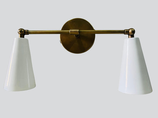 Mid Century Double Cone Shape Shinny White Shade with Raw Brass Finish ~ Italian Wall Light Sconce Fixtures ~ Bedroom Lights ~ Vanity Lamps