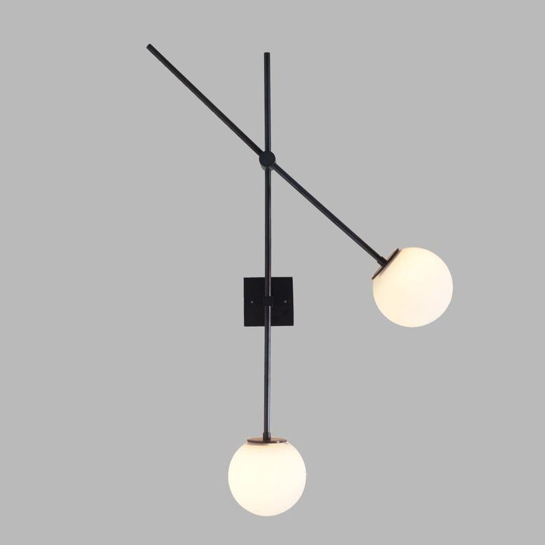 Mid century Sputnik Wall Sconce Two Glass Globe Light Brass Articulating Bedside Wall Lamp Light Fixture
