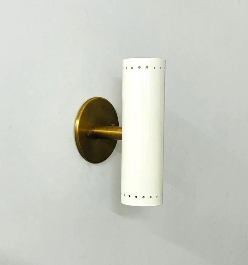 Mid Century Dual light Cylindrical Shape Shinny White with Raw Brass Finish - Italian Wall Light Sconce - Bedroom Lights - Vanity Lamps