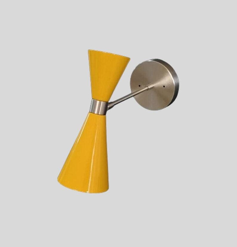 Pair of Mid Century Yellow Cone Shade with Brushed Chrome Finish - Italian Wall Light Sconce Fixtures - Bedroom Lights - Vanity Lamps