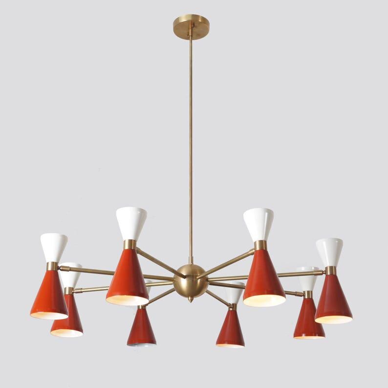 Eight Arms 16 Lights Colored Shade sputnik Ceiling Chandelier Stilnovo Style Brass Fixture Raw Brass Finish Bedroom Lights Fixture