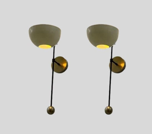 A Pair of Mid Century Brass Wall Light Sconce - Raw Brass & Black Matte Finish with Matte White Shade - Bedroom Lights - Vanity Lamps