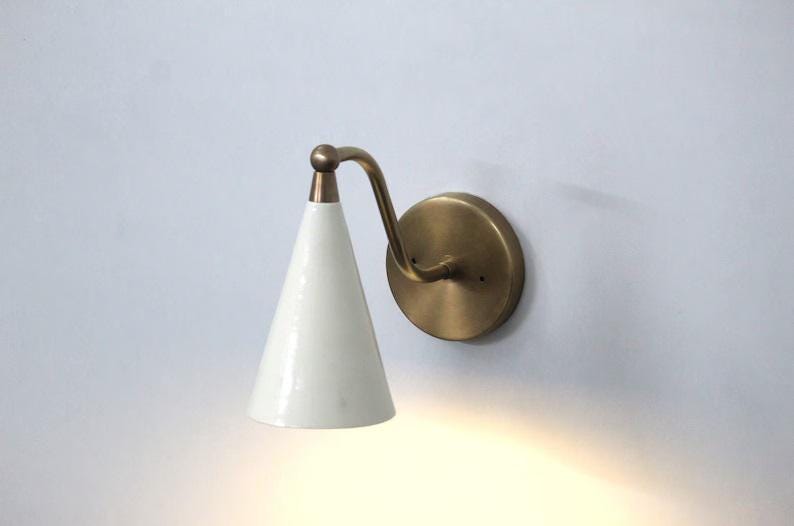 Brass Wall Light Sconce Mid Century - Raw Brass Finish with Matte White Cone Shade Fixtures - Bedroom Lights - Vanity Lamps