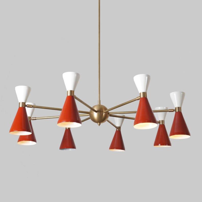 Eight Arms 16 Lights Colored Shade sputnik Ceiling Chandelier Stilnovo Style Brass Fixture Raw Brass Finish Bedroom Lights Fixture