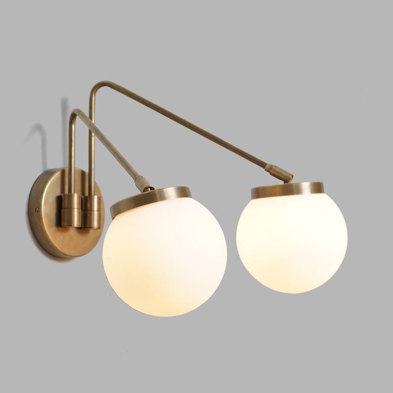 Mid century Double Glass Globe Shade Light Brass Sputnik Wall Sconce - Articulating Bedside Wall Lamp Light Fixture