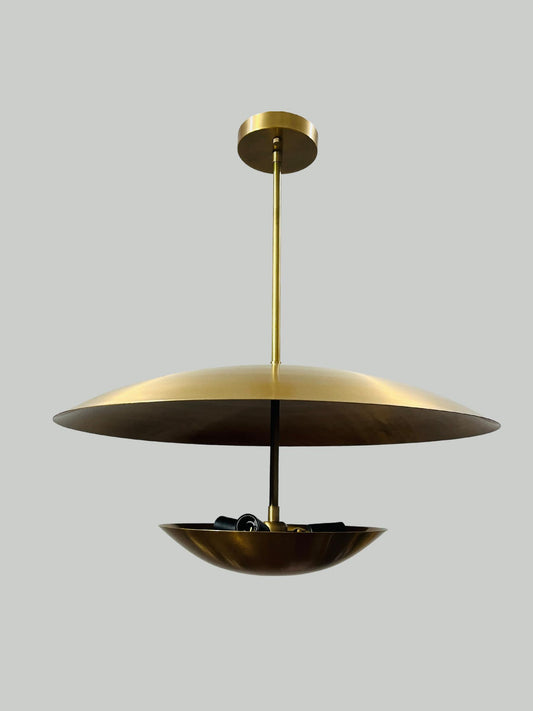 3 Light Modern Italian Brass Pendent ~ Flush Mount Chandelier Double Disk Shade ~ Inspired Lighting Fixture in Raw Brass Finish
