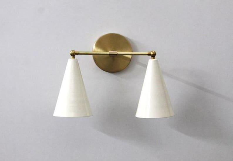 Double Cone Shape Wall Light Sconce Mid Century Shinny White Shade with Raw Brass Finish - Italian Fixtures - Bedroom Lights - Vanity Lamps