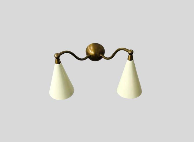 2 Light Mid Century Cone Shape - Antique Raw Brass Finish - Italian Wall Light Sconce Fixtures - Shinny White Shade - Bedroom Lights