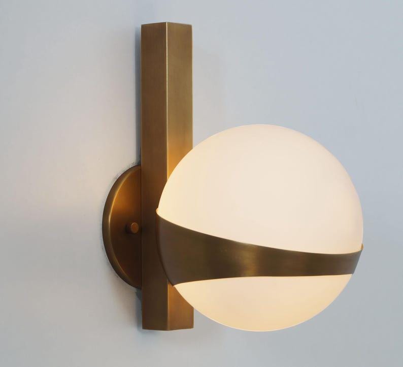 Mid century Wall Sconce Single Glass Globe Brass Sconce Wall Lamp - Bedside Wall Lamp Wall Mount Light Fixture