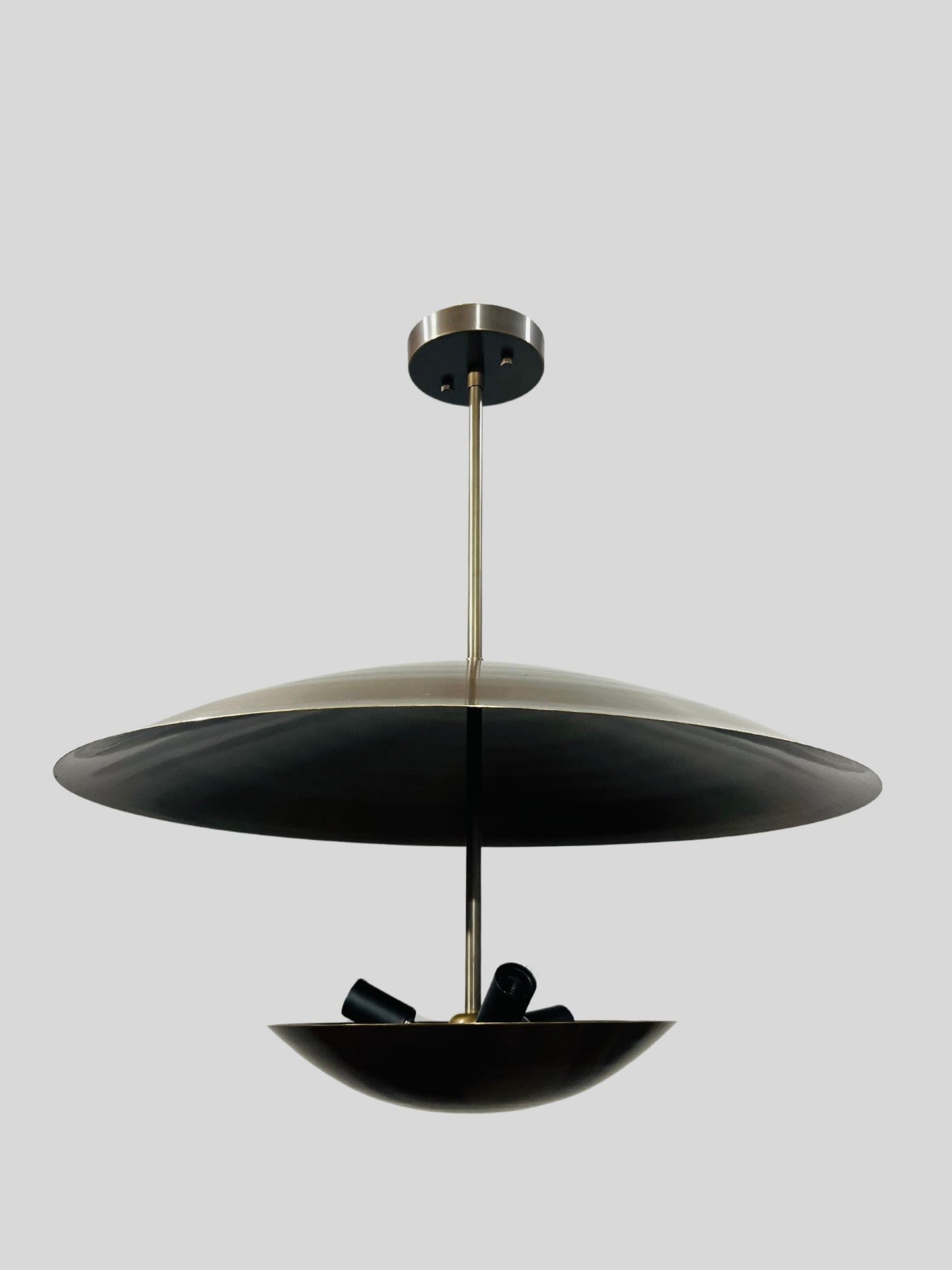 3 Light Modern Flush Mount Chandelier ~ Italian Brass Pendent Double Disk Shade ~ Inspired Lighting Fixture