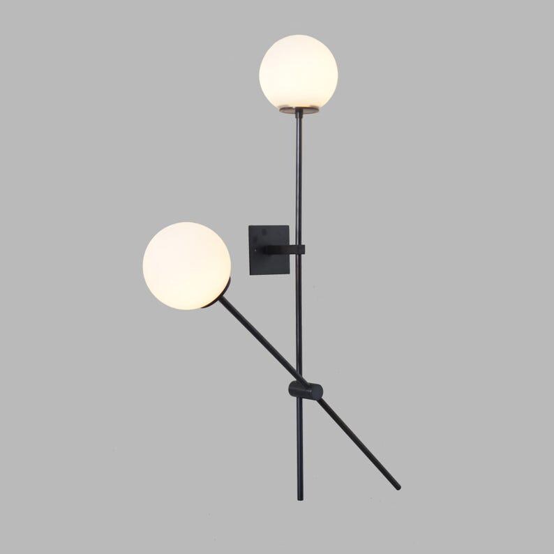 Mid century Sputnik Wall Sconce Two Glass Globe Light Brass Articulating Bedside Wall Lamp Light Fixture