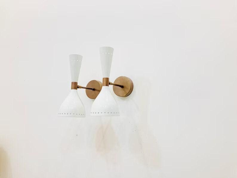 Pair Of  Sconce Mid Century Twin Bulb Wall Sconce Adjustable Raw Brass Wall Lamp Style Solid Brass White Shades