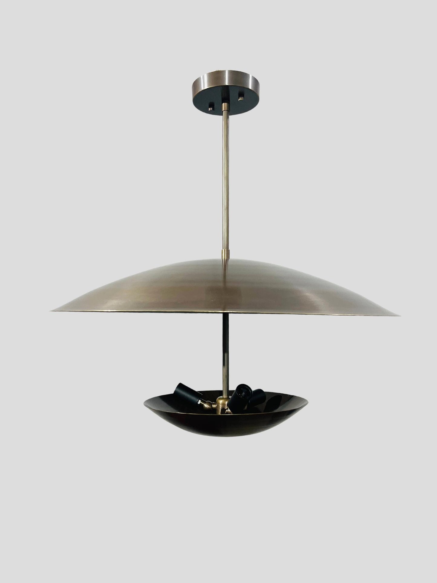 3 Light Modern Flush Mount Chandelier ~ Italian Brass Pendent Double Disk Shade ~ Inspired Lighting Fixture