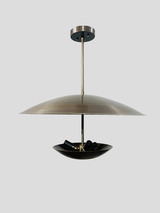 3 Light Modern Flush Mount Chandelier ~ Italian Brass Pendent Double Disk Shade ~ Inspired Lighting Fixture