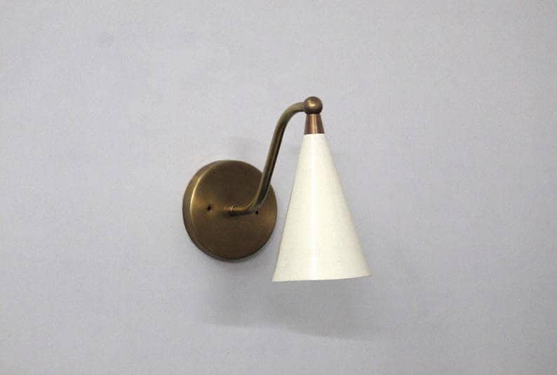 Brass Wall Light Sconce Mid Century - Raw Brass Finish with Matte White Cone Shade Fixtures - Bedroom Lights - Vanity Lamps