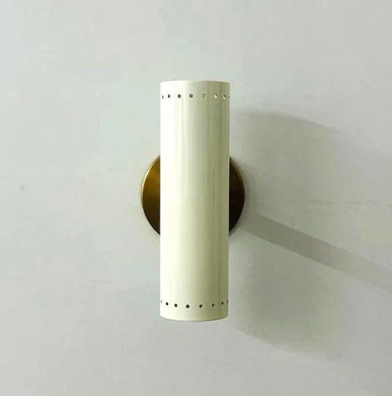 Mid Century Dual light Cylindrical Shape Shinny White with Raw Brass Finish - Italian Wall Light Sconce - Bedroom Lights - Vanity Lamps