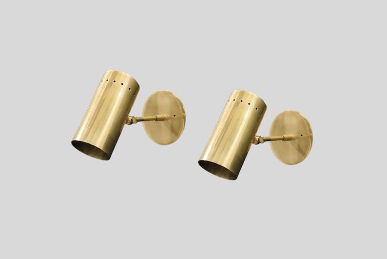 Pair of Mid Century Cylindrical Shape Raw Brass Finish Italian Wall Light Sconce Fixtures - Bedroom Lights - Vanity Lamps - Handmade