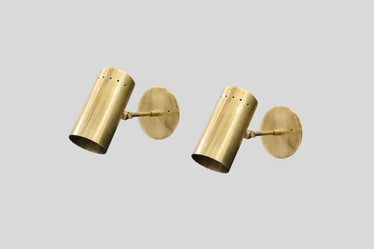 Pair of Mid Century Cylindrical Shape Raw Brass Finish Italian Wall Light Sconce Fixtures - Bedroom Lights - Vanity Lamps - Handmade