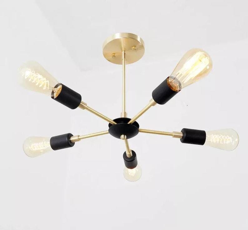 Semi Flush Mount Modern Brass 5 Arm Lights Sputnik Chandelier Brushed Brass Finish Bedroom Lights Fixture