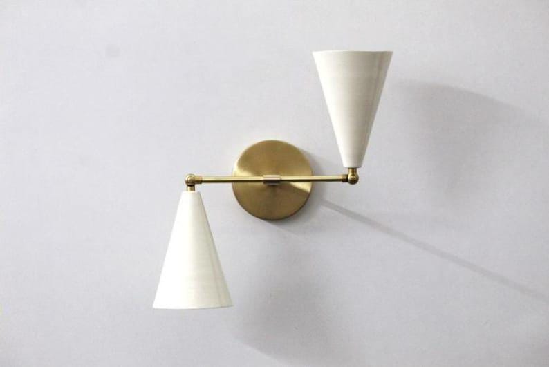 Double Cone Shape Wall Light Sconce Mid Century Shinny White Shade with Raw Brass Finish - Italian Fixtures - Bedroom Lights - Vanity Lamps